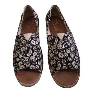 Toms Alpargata Open Toe Black Textile Floral Size W9